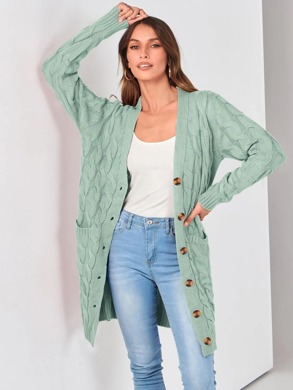 PRETTYGARDEN Long Sleeve Cable Knit Long Cardigan for Women 2025 Fall Winter Chunky Open Front Button Sweaters with Pockets
