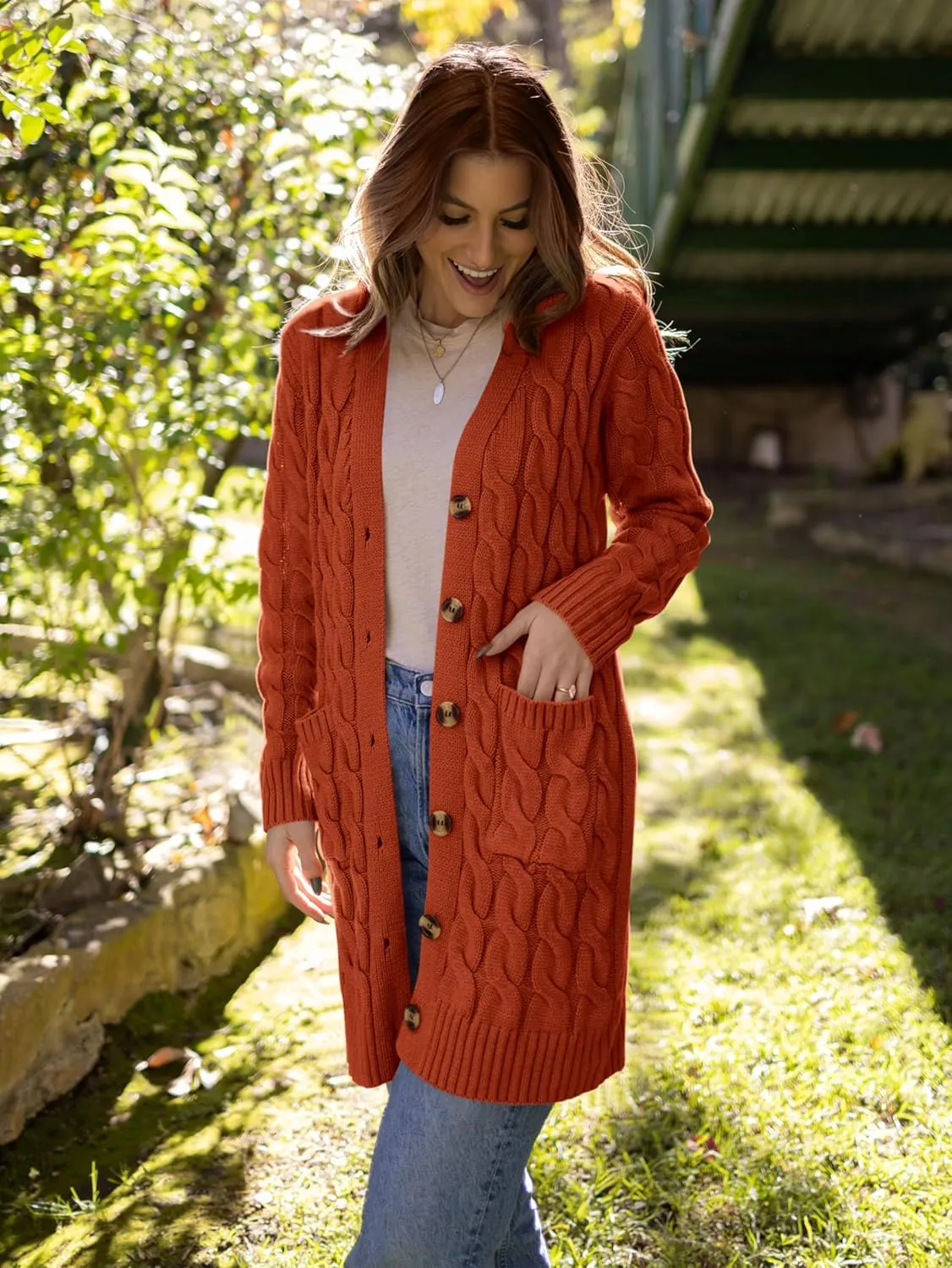 PRETTYGARDEN Long Sleeve Cable Knit Long Cardigan for Women 2025 Fall Winter Chunky Open Front Button Sweaters with Pockets