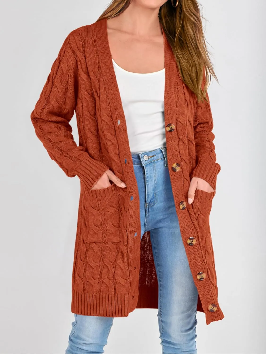 PRETTYGARDEN Long Sleeve Cable Knit Long Cardigan for Women 2025 Fall Winter Chunky Open Front Button Sweaters with Pockets