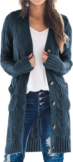 PRETTYGARDEN Long Sleeve Cable Knit Long Cardigan for Women 2025 Fall Winter Chunky Open Front Button Sweaters with Pockets