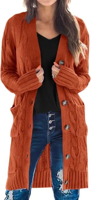 PRETTYGARDEN Long Sleeve Cable Knit Long Cardigan for Women 2025 Fall Winter Chunky Open Front Button Sweaters with Pockets