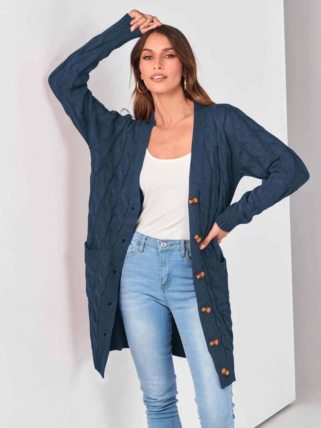 PRETTYGARDEN Long Sleeve Cable Knit Long Cardigan for Women 2025 Fall Winter Chunky Open Front Button Sweaters with Pockets