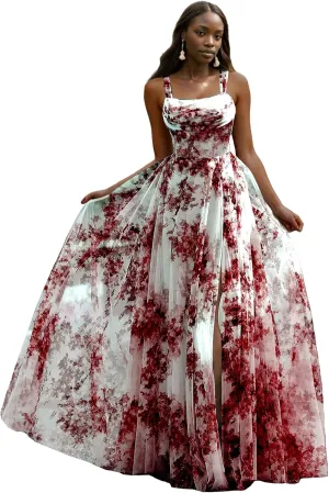 Printed Split Prom Dresses for Women Long Stylish Evening Dress with Ruffle A Line Boho Party Gown with Square Neckline