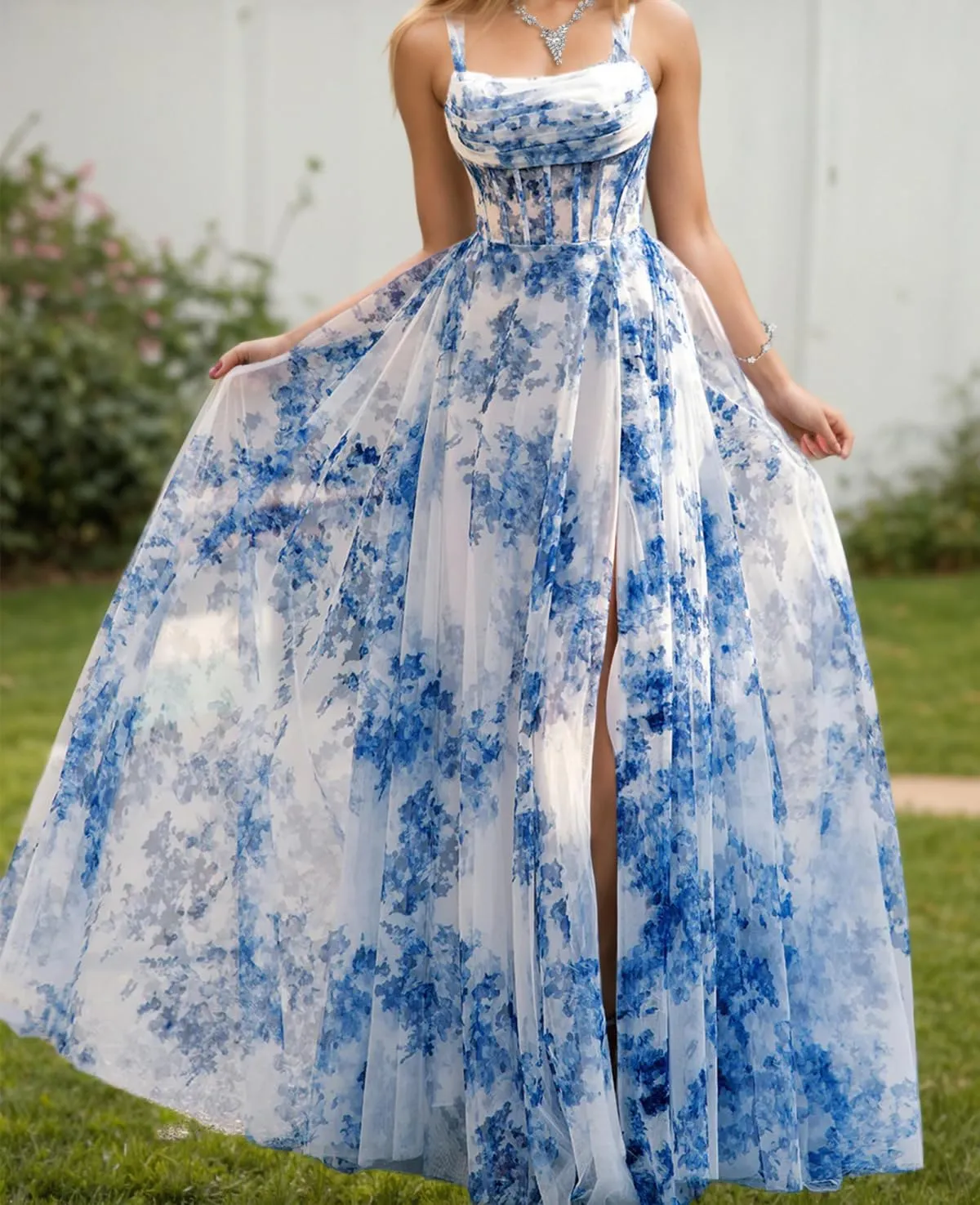 Printed Split Prom Dresses for Women Long Stylish Evening Dress with Ruffle A Line Boho Party Gown with Square Neckline