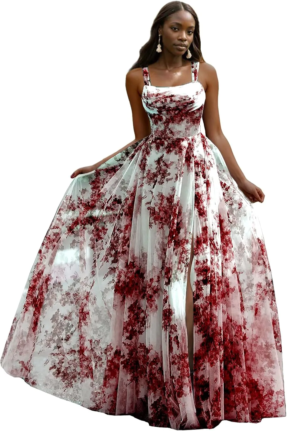 Printed Split Prom Dresses for Women Long Stylish Evening Dress with Ruffle A Line Boho Party Gown with Square Neckline