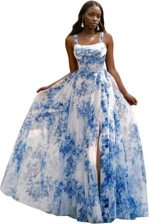 Printed Split Prom Dresses for Women Long Stylish Evening Dress with Ruffle A Line Boho Party Gown with Square Neckline