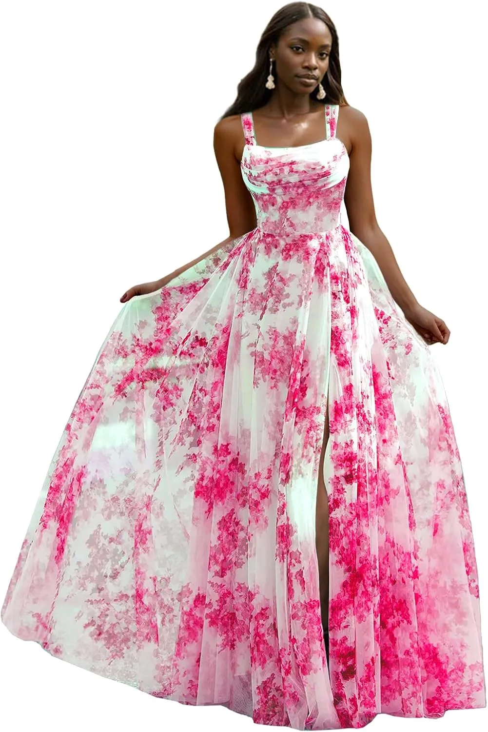 Printed Split Prom Dresses for Women Long Stylish Evening Dress with Ruffle A Line Boho Party Gown with Square Neckline