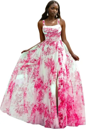 Printed Split Prom Dresses for Women Long Stylish Evening Dress with Ruffle A Line Boho Party Gown with Square Neckline
