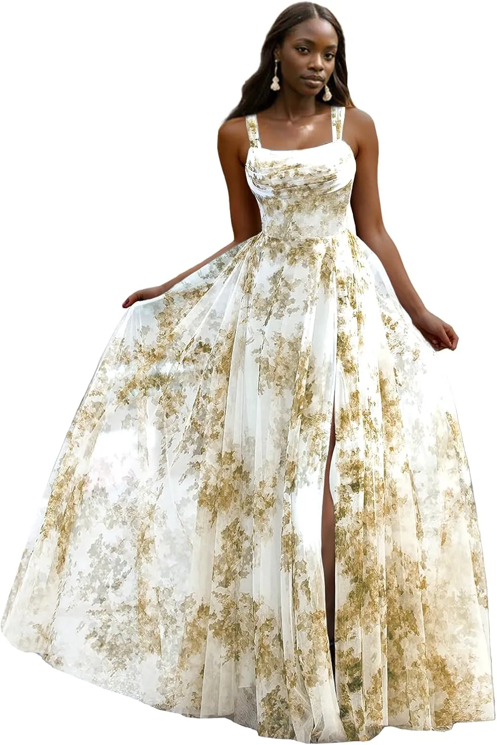Printed Split Prom Dresses for Women Long Stylish Evening Dress with Ruffle A Line Boho Party Gown with Square Neckline
