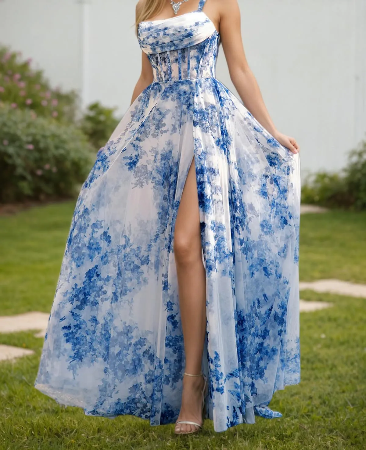 Printed Split Prom Dresses for Women Long Stylish Evening Dress with Ruffle A Line Boho Party Gown with Square Neckline