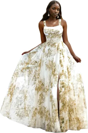 Printed Split Prom Dresses for Women Long Stylish Evening Dress with Ruffle A Line Boho Party Gown with Square Neckline