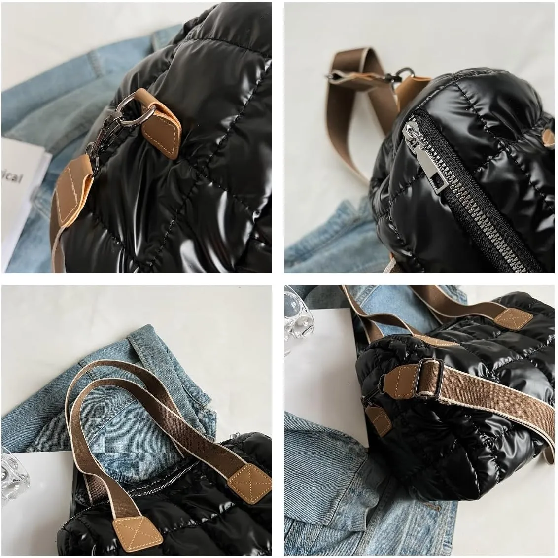 Puffy Shoulder Bag Puffer Top-Handle Crossbody Bag Padded Tote Bag for Women Quilted Satchel Handbag Purse with Zipper