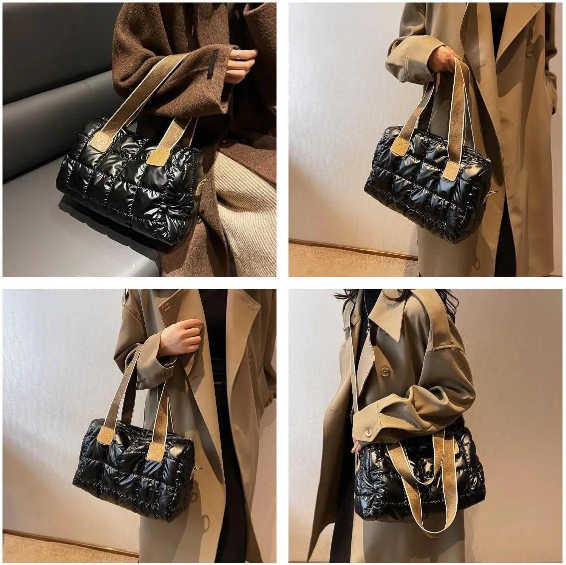 Puffy Shoulder Bag Puffer Top-Handle Crossbody Bag Padded Tote Bag for Women Quilted Satchel Handbag Purse with Zipper