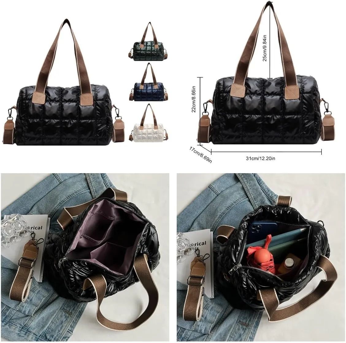 Puffy Shoulder Bag Puffer Top-Handle Crossbody Bag Padded Tote Bag for Women Quilted Satchel Handbag Purse with Zipper