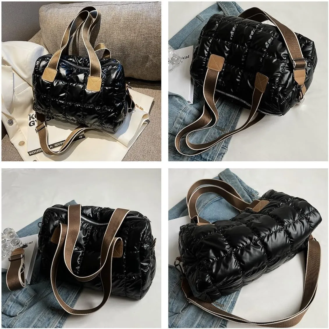 Puffy Shoulder Bag Puffer Top-Handle Crossbody Bag Padded Tote Bag for Women Quilted Satchel Handbag Purse with Zipper