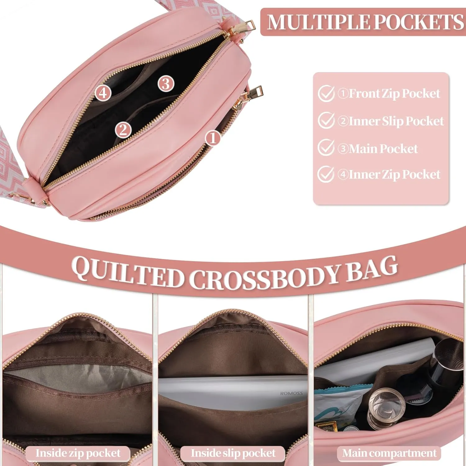 Quilted Crossbody Bags for Women Vegan Leather Shoulder Handbags Purses for Women with Adjustable Wide Strap