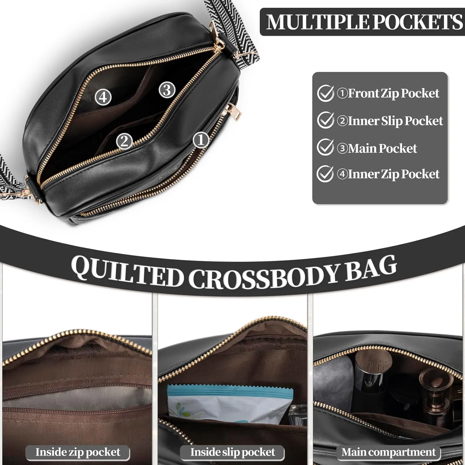 Quilted Crossbody Bags for Women Vegan Leather Shoulder Handbags Purses for Women with Adjustable Wide Strap