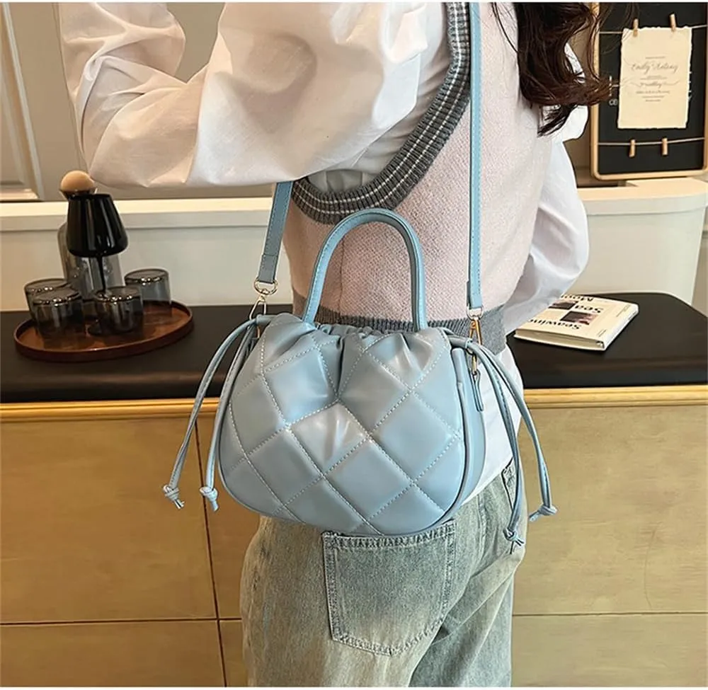 Quilted Drawstring Bucket Bag Small Leather Crossbody Bucket Handbag and Purse Hobo Bucket Tote Bag