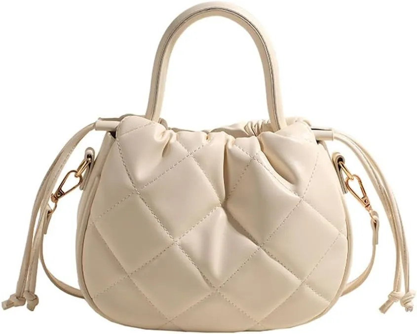 Quilted Drawstring Bucket Bag Small Leather Crossbody Bucket Handbag and Purse Hobo Bucket Tote Bag