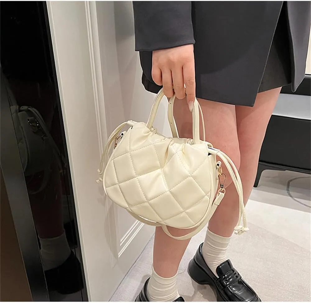 Quilted Drawstring Bucket Bag Small Leather Crossbody Bucket Handbag and Purse Hobo Bucket Tote Bag