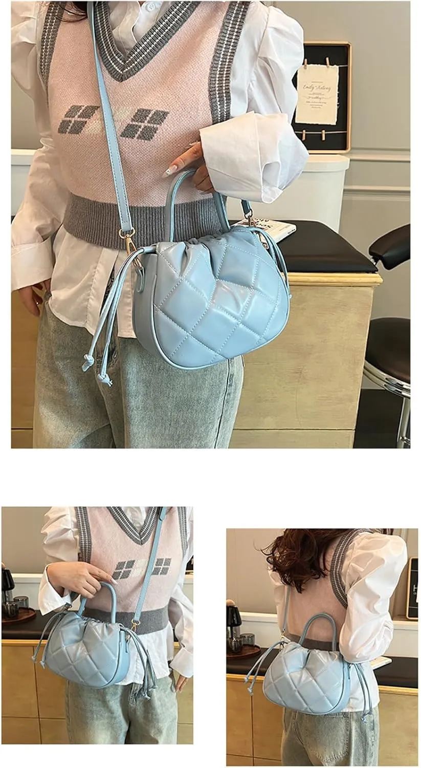 Quilted Drawstring Bucket Bag Small Leather Crossbody Bucket Handbag and Purse Hobo Bucket Tote Bag