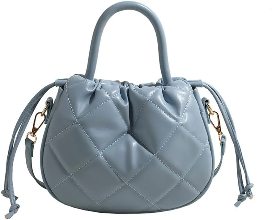 Quilted Drawstring Bucket Bag Small Leather Crossbody Bucket Handbag and Purse Hobo Bucket Tote Bag