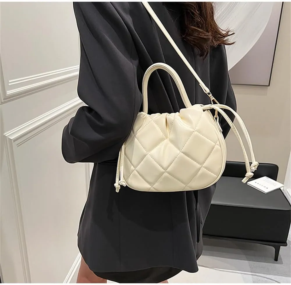 Quilted Drawstring Bucket Bag Small Leather Crossbody Bucket Handbag and Purse Hobo Bucket Tote Bag