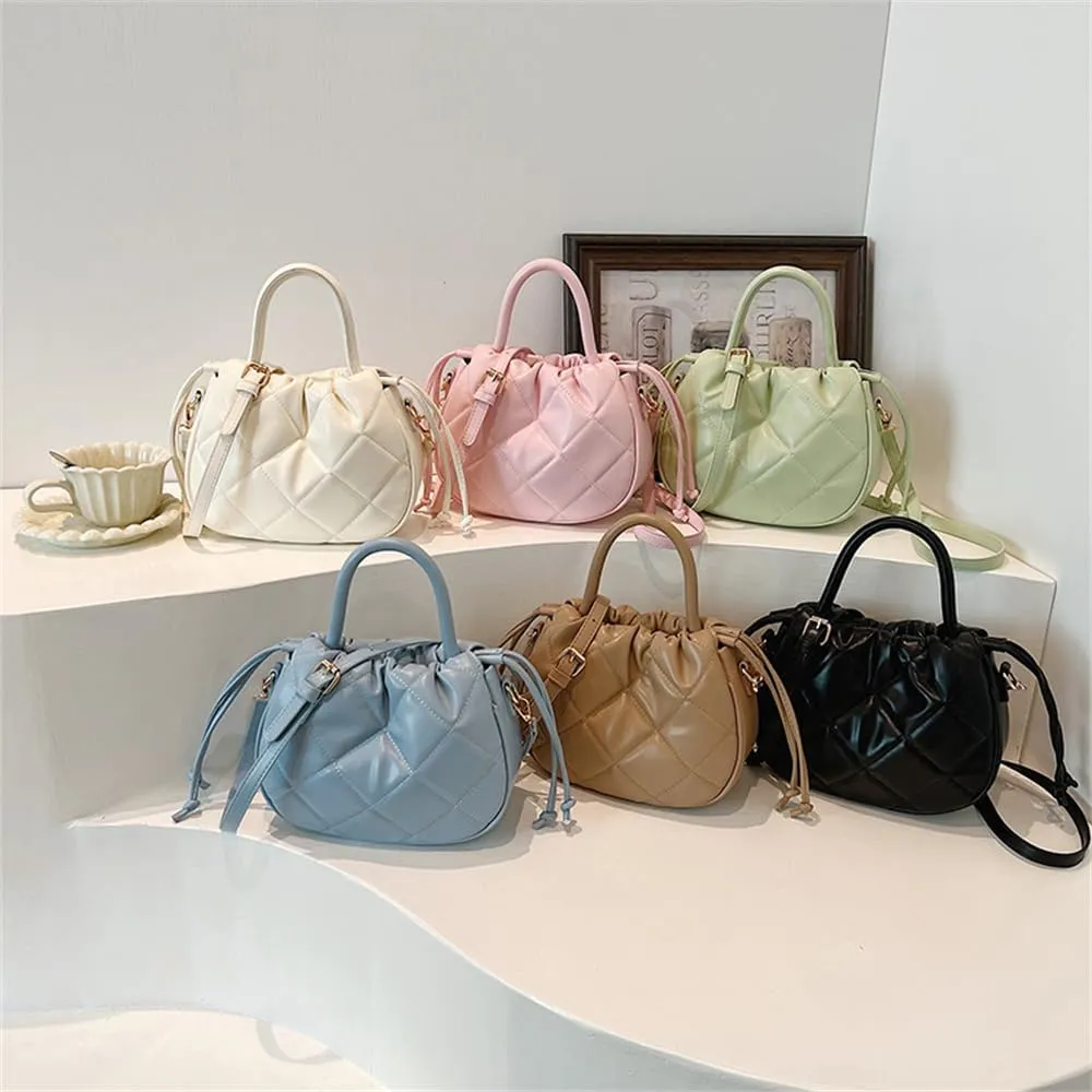 Quilted Drawstring Bucket Bag Small Leather Crossbody Bucket Handbag and Purse Hobo Bucket Tote Bag