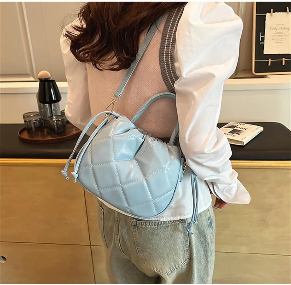 Quilted Drawstring Bucket Bag Small Leather Crossbody Bucket Handbag and Purse Hobo Bucket Tote Bag