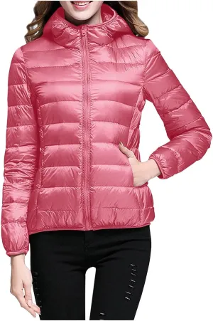 Quilted Jackets for Women Warm Hooded Down Jacket Packable Short Fall Jacket Zip Hooded Winter Coats with Pockets