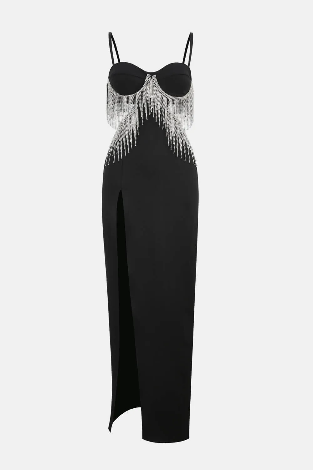 Rhinestone Fringe Split Maxi Dress