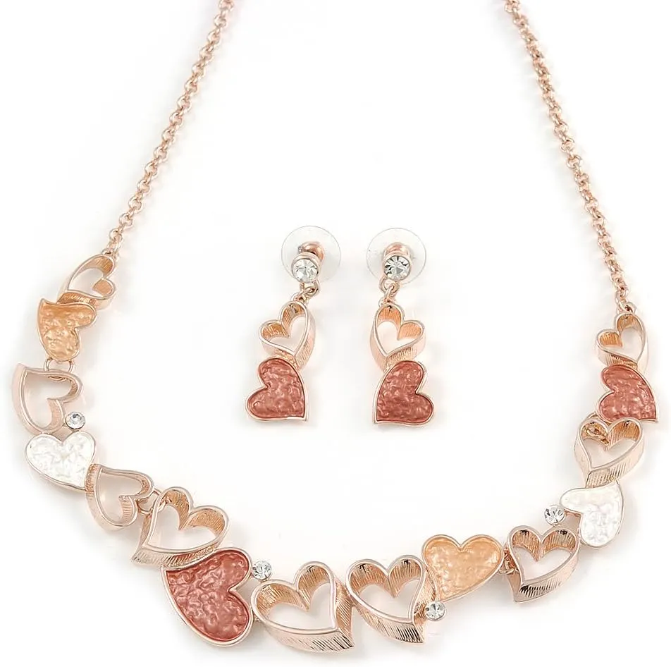 Romantic Matt Beige/Orange Heart Necklace & Drop Earrings In Rose Gold Metal - 39cm L/ 7cm Ext - Gift Boxed