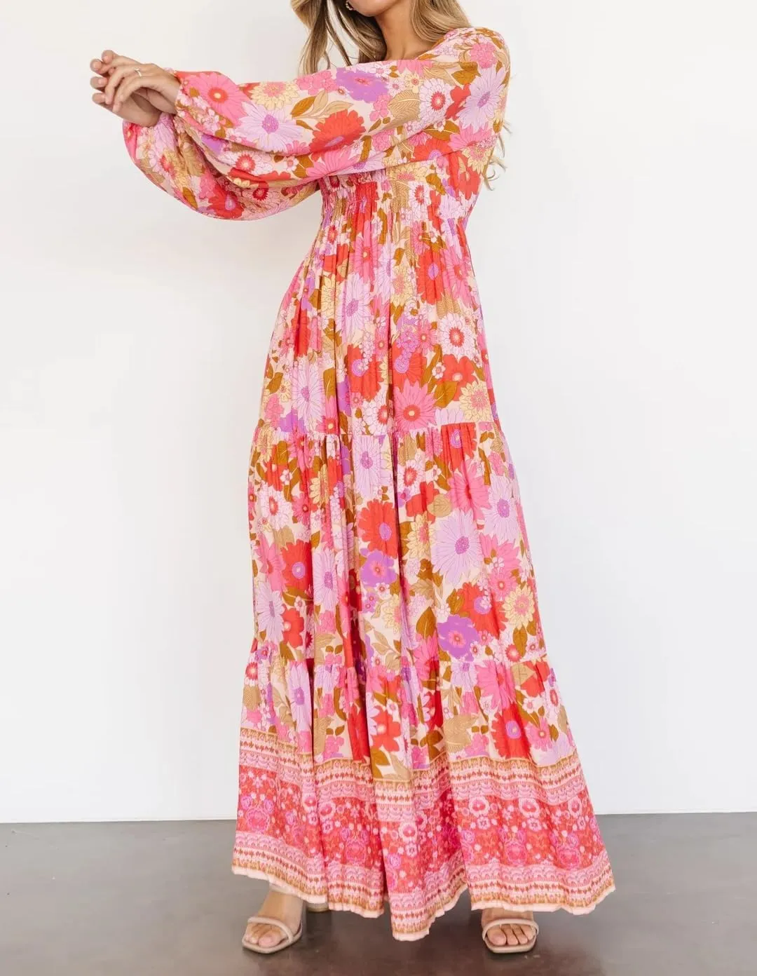 R.Vivimos Women's Boho Floral Print Maxi Dress V Neck Long Sleeve Elastic Waist Casual Flowy Slit Long Sundress