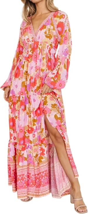 R.Vivimos Women's Boho Floral Print Maxi Dress V Neck Long Sleeve Elastic Waist Casual Flowy Slit Long Sundress