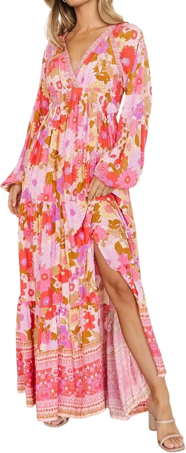 R.Vivimos Women's Boho Floral Print Maxi Dress V Neck Long Sleeve Elastic Waist Casual Flowy Slit Long Sundress