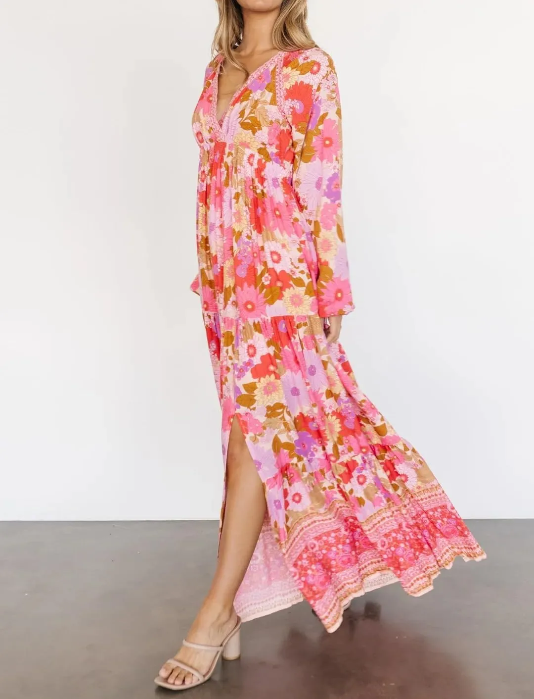 R.Vivimos Women's Boho Floral Print Maxi Dress V Neck Long Sleeve Elastic Waist Casual Flowy Slit Long Sundress