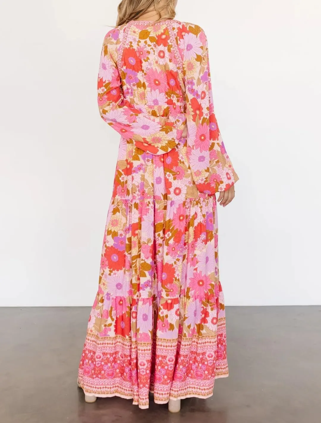 R.Vivimos Women's Boho Floral Print Maxi Dress V Neck Long Sleeve Elastic Waist Casual Flowy Slit Long Sundress