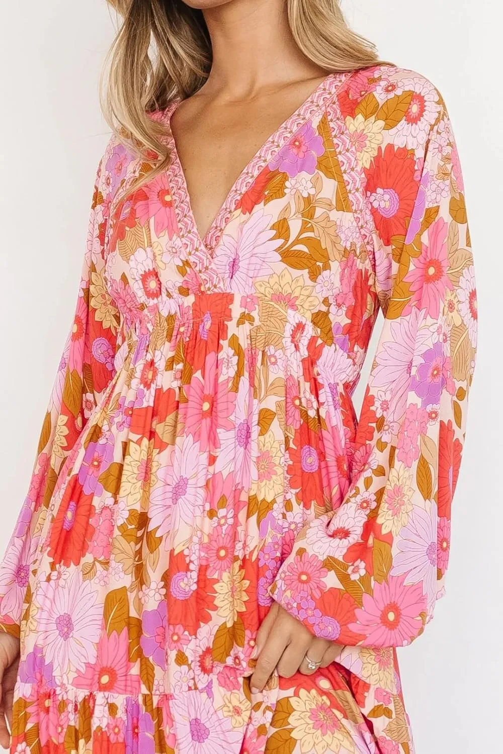 R.Vivimos Women's Boho Floral Print Maxi Dress V Neck Long Sleeve Elastic Waist Casual Flowy Slit Long Sundress