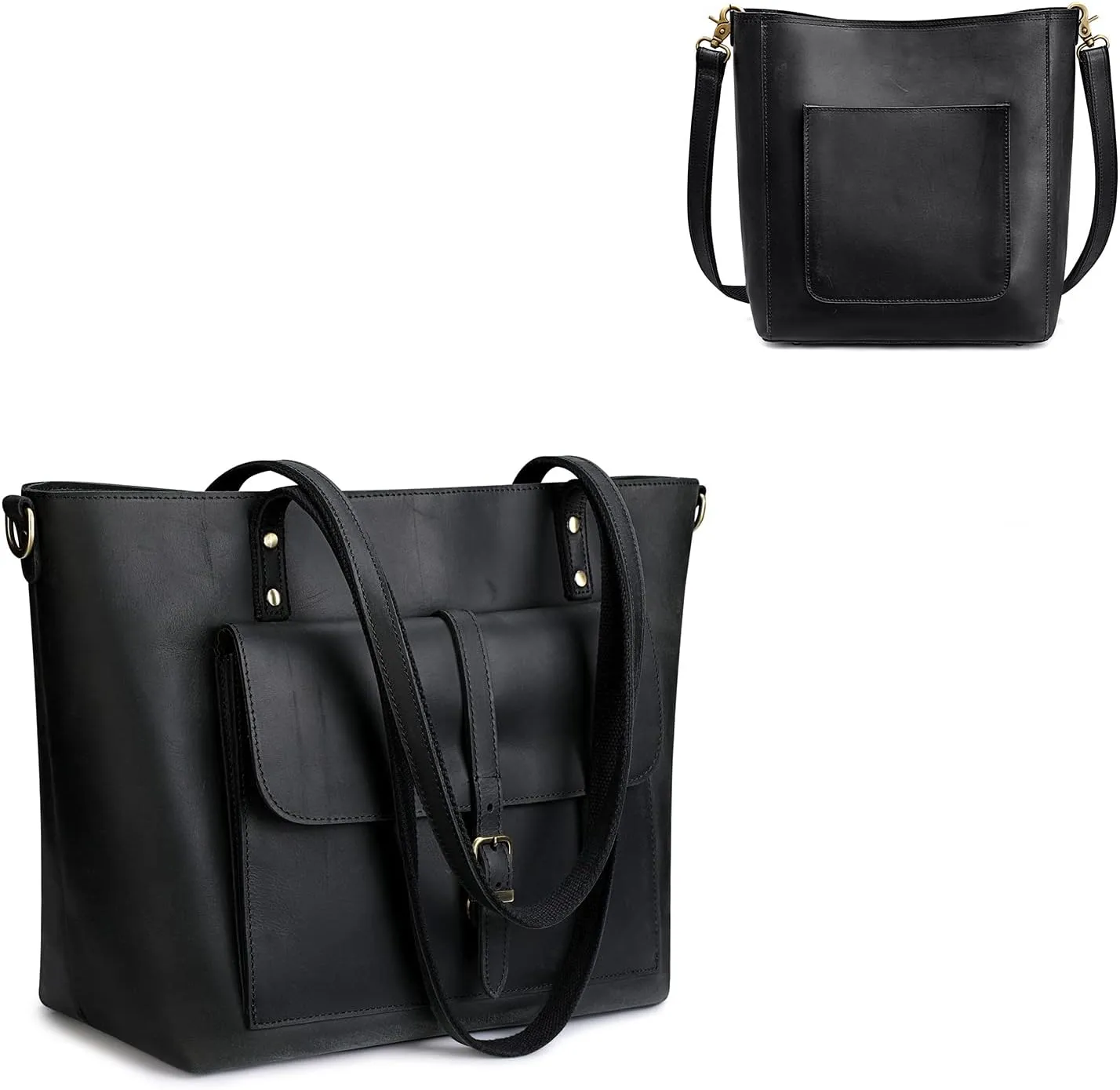 S-ZONE Women Genuine Leather Tote Bag Shoulder Handbag Bundle with Bucket Crossbody Purse