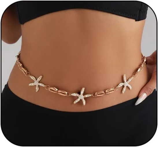 Seashell Starfish Chains Waist for Women Beach Mermaid Body Chains Bikini Pearl Body Chain Adjustable Waterproof Belly Waist Jewelry Summer Festival Mermaid Party Accessories