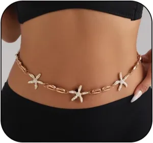 Seashell Starfish Chains Waist for Women Beach Mermaid Body Chains Bikini Pearl Body Chain Adjustable Waterproof Belly Waist Jewelry Summer Festival Mermaid Party Accessories