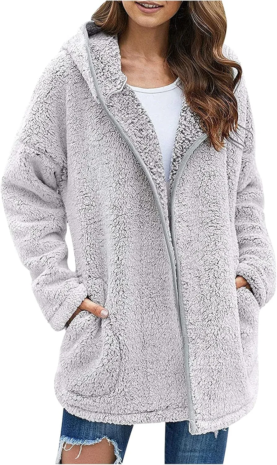 Sherpa Jacket Women Fuzzy Fleece Oversized Open Front Hooded Cardigan Soft Cozy Fluffy Sweater Jacket with Pockets