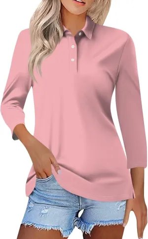 slqdgmryz Polo Shirts for Women 3/4 Sleeve Collared Work Business Casual Tops Funny Golf Button Three Quarter Length Blouses