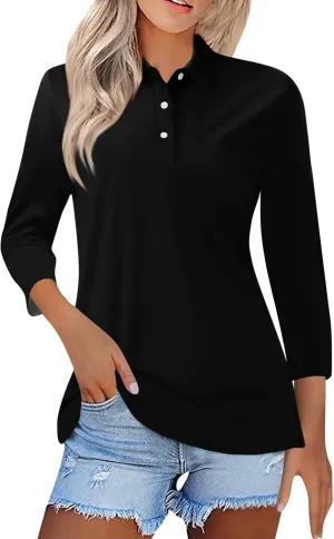 slqdgmryz Polo Shirts for Women 3/4 Sleeve Collared Work Business Casual Tops Funny Golf Button Three Quarter Length Blouses