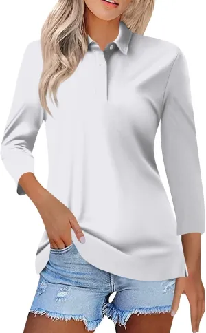 slqdgmryz Polo Shirts for Women 3/4 Sleeve Collared Work Business Casual Tops Funny Golf Button Three Quarter Length Blouses