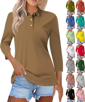 slqdgmryz Polo Shirts for Women 3/4 Sleeve Collared Work Business Casual Tops Funny Golf Button Three Quarter Length Blouses