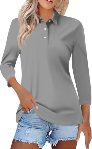 slqdgmryz Polo Shirts for Women 3/4 Sleeve Collared Work Business Casual Tops Funny Golf Button Three Quarter Length Blouses