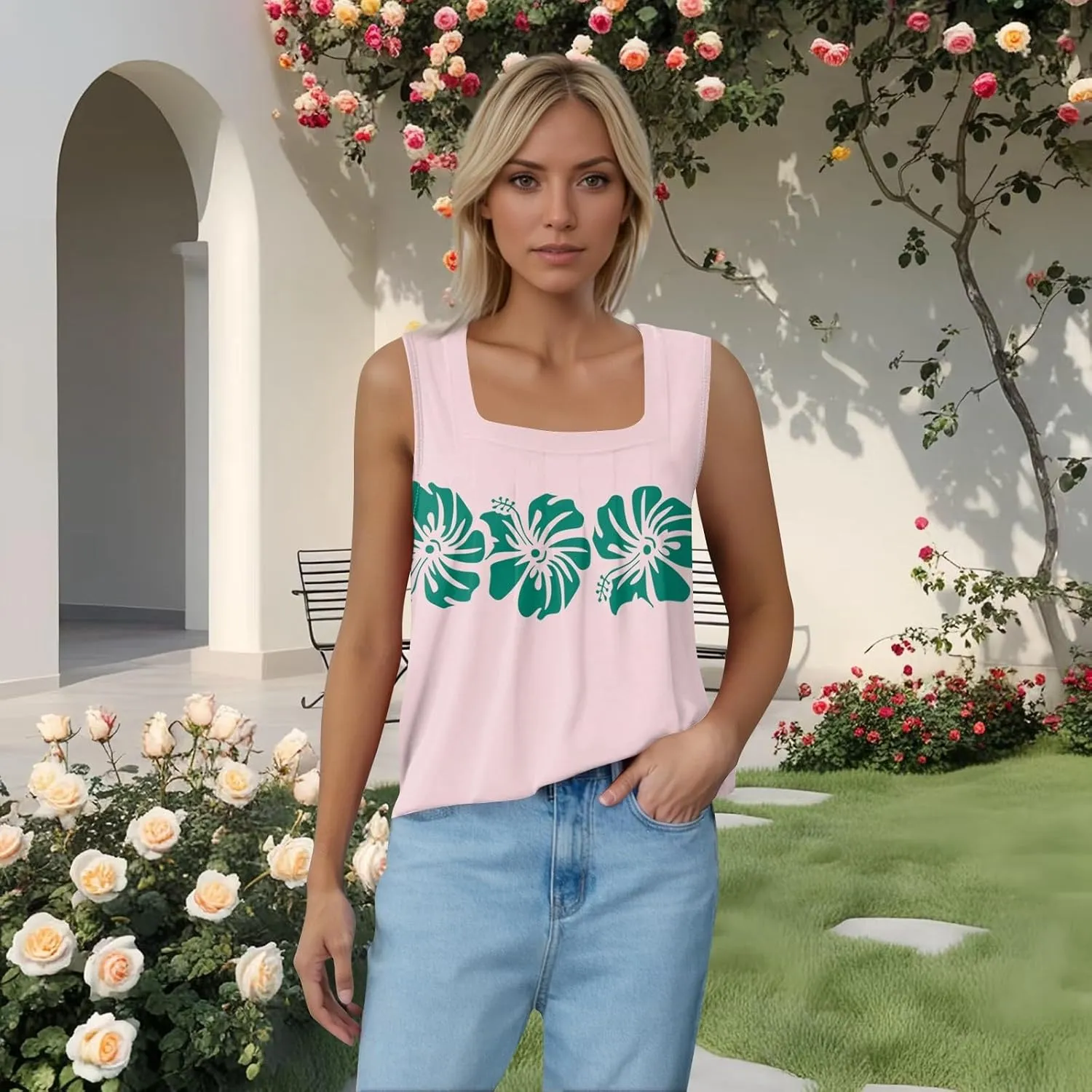 slqdgmryz Womens Summer Tops Square Neck Basic Cute Tank Tops Graphic Loose Fit Flowy Sleeveless Shirts Running Workout Tanks