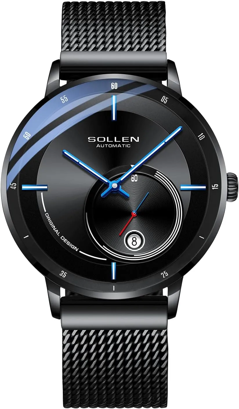 SOLLEN Men's Minimalist Automatic Watch, Original Mechanical Movement - 3ATM Water Resistant - Luminous Hands - Second Dial & Calendar & Stainless Steel Case, Gifts for Men