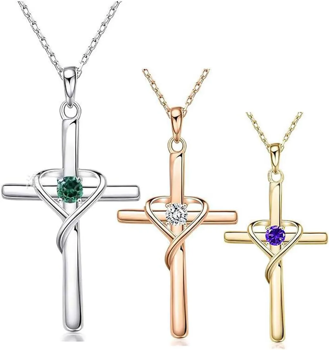 Sterling Silver 925 Cross Necklace for Men Women 5A CZ Birthstone Necklaces 14K Gold Plated or Rose Gold Necklace for Easter